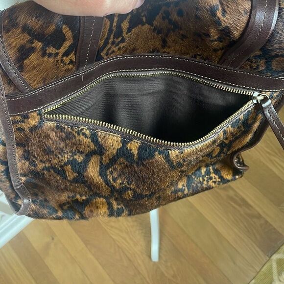 Italian Leather Hair On Hide Cow Print Satchel Chocolate Brown - Picture 6 of 13